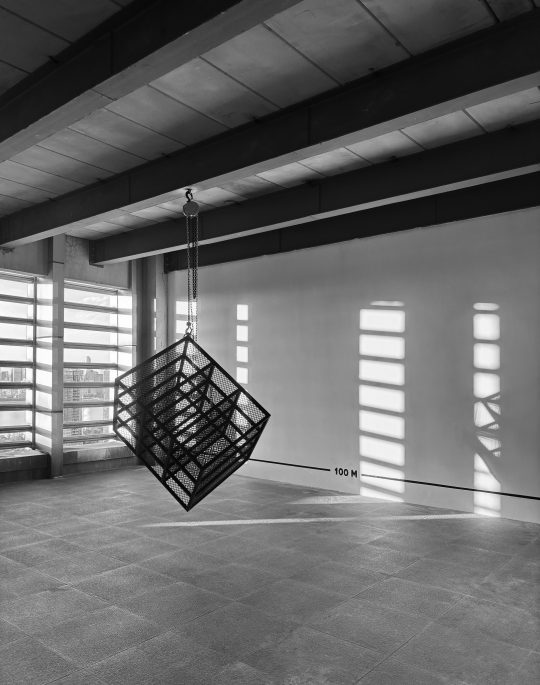 JOHN CORNU 100 M, 2025 Site-specific work. Metal structure, hoist, wall painting Variable dimensions Exhibition views "BAU", 27+, Hangzhou, China