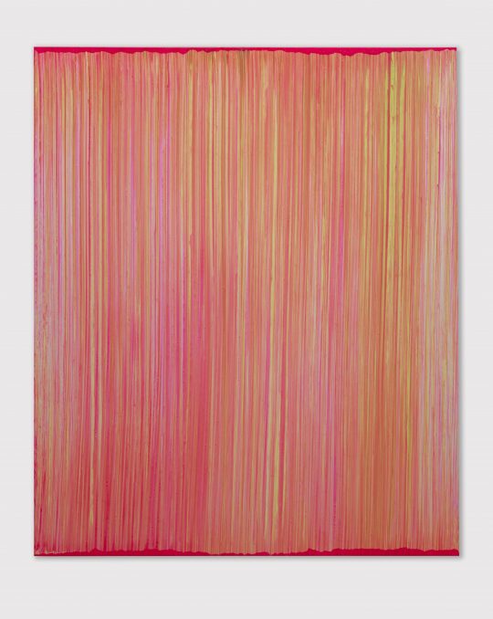 Claudia Desgranges BrushStrips Magenta Fluo Light Green Acryl Pigment on Aluminium 60 x 50 cm_GalerieGillaLoercher