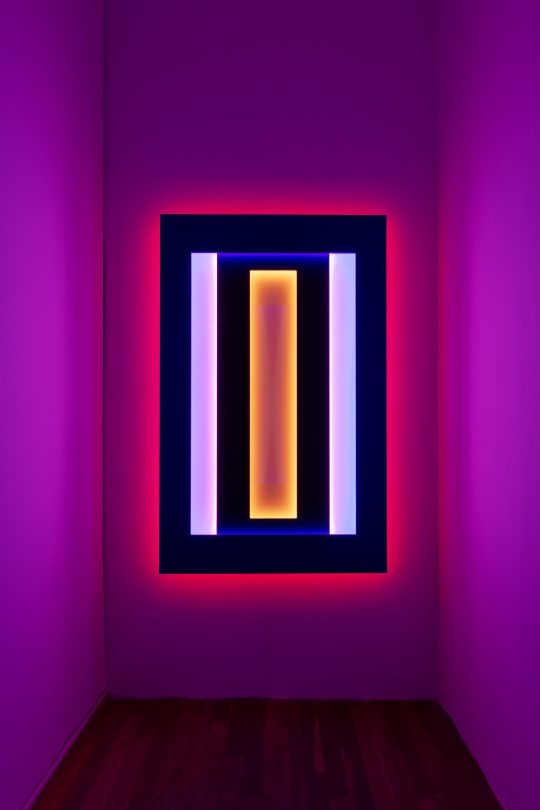 Yoana Tuzharova, Untitled 2024. LED on MDF, power supply units, emulsion paint and varnish, electrical wiring. 150 x 95 x 9 cm