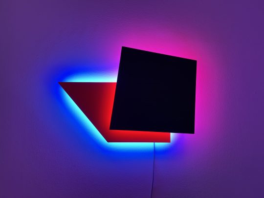 LED on MDF, power supply units, emulsion paint and varnish, electrical wiring.<br>70 x 50 x 10 cm
Photo: Gilla Loercher, courtesy Galerie Gilla Loercher