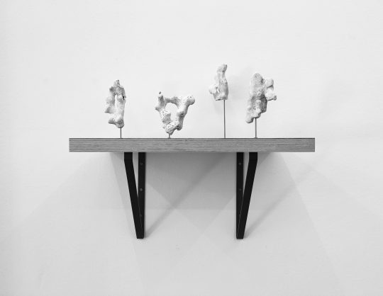 John Cornu Sculpture Project (Okinawa) #4, 2024 Coral, wood, paint, Coral, wood, brass threaded rods, brass nuts and cap nuts, metal shelf brackets Approx. 40 x 51 x 30,5 cm Exhibition view « Lettres mortes », Galerie Gilla Lörcher, Berlin, 2024