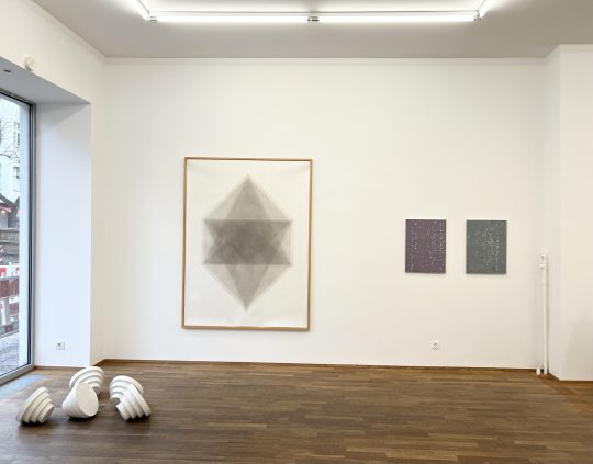 Installation view Accrochage. QLefranc (left), ILEbel, GRAraos. at GalerieGillaLoercher